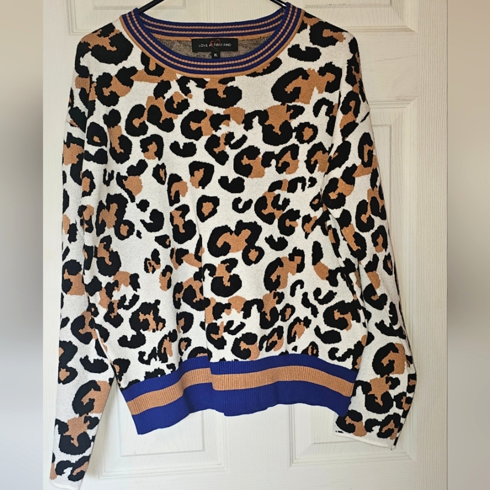 Leopard Print Sweater with Blue Accents